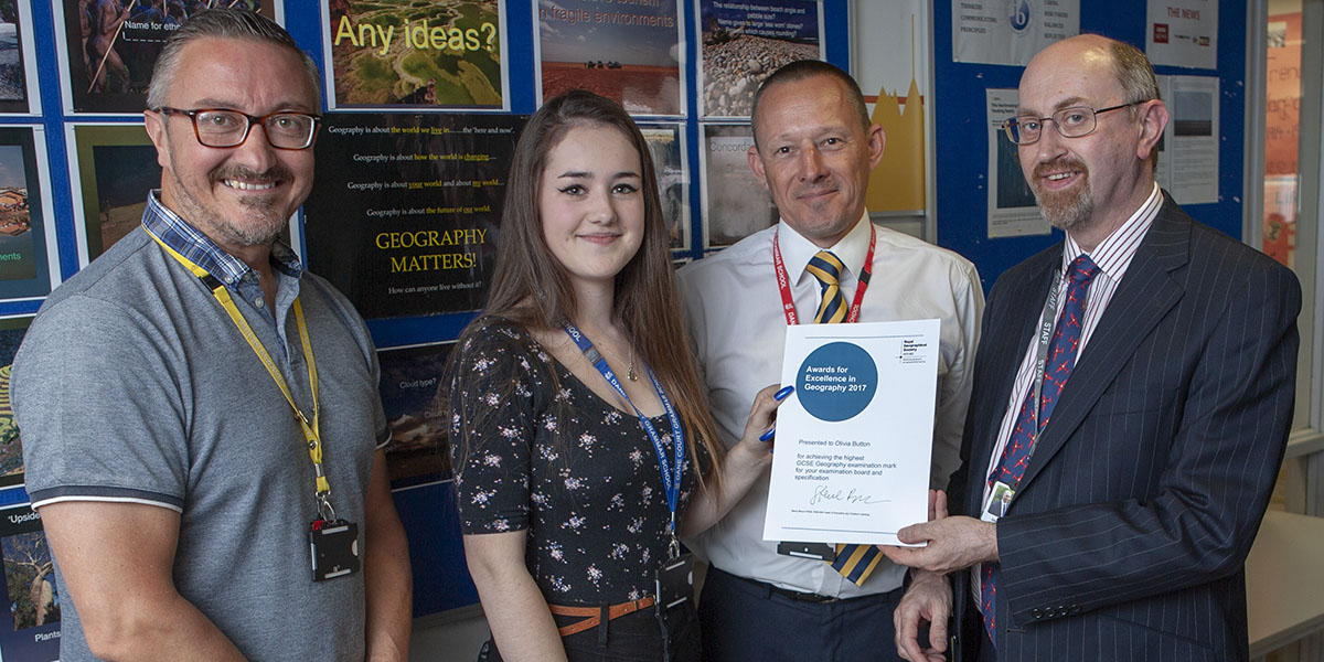 l to r Mr Spillett, Olivia Button, Mr Hutchings and Mr Fowler